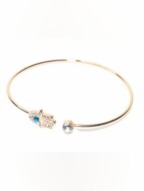 NWOT Gold-Tone Open Bangle Bracelet w/Rhinestone Hamsa & Clear Stone